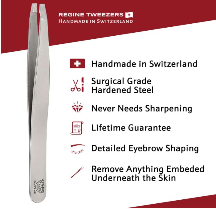 Regine Square Tweezers Stainless- Regine Switzerland Square Tip Tweezer - Handmade in Switzerland - Professional Eyebrow, Facial & Hair Remover - Etched Interior Tip to Grab Hair from Root - Perfectly Aligned Tips - Stainless Steel