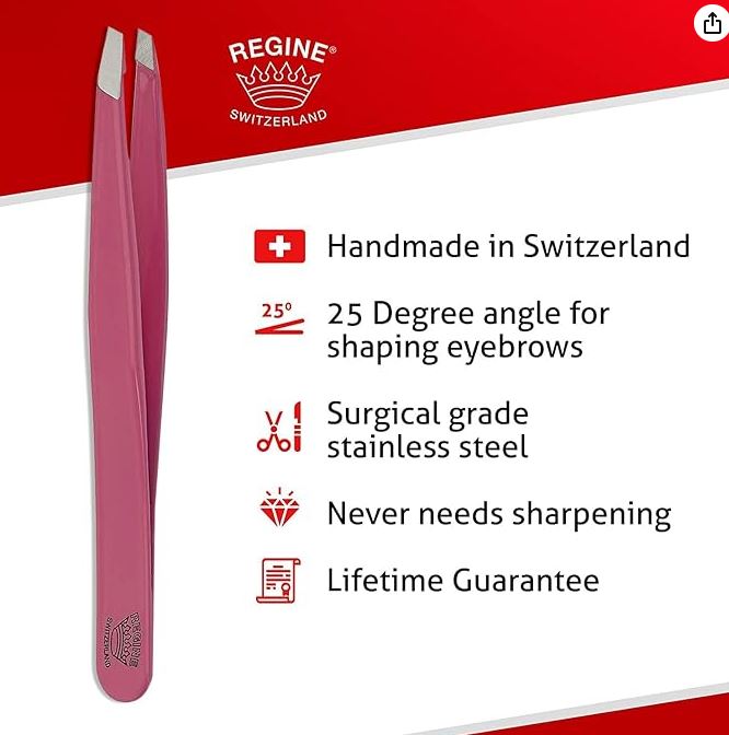 Regine Switzerland Slant Tweezer - Handmade in Switzerland - Professional Eyebrow & Facial Hair Remover - Etched Interior Grabs Hair from The Root - Perfectly Aligned Tips - Stainless Steel All Colours Available e