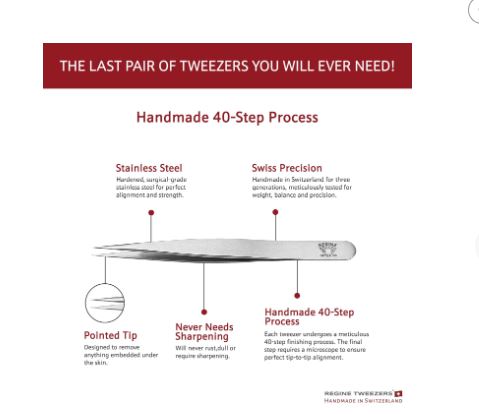 Regine Switzerland Splinter Tweezer - Handmade in Switzerland - Professional Precision Pointed Tweezer for Ingrown Hair, Splinter and Glass Removal - Stainless Steel