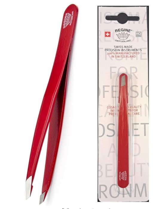 Regine Switzerland Slant Tweezer - Handmade in Switzerland - Professional Eyebrow & Facial Hair Remover - Etched Interior Grabs Hair from The Root - Perfectly Aligned Tips - Stainless Steel All Colours Available e