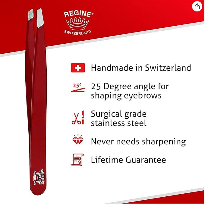 Regine Switzerland Slant Tweezer - Handmade in Switzerland - Professional Eyebrow & Facial Hair Remover - Etched Interior Grabs Hair from The Root - Perfectly Aligned Tips - Stainless Steel All Colours Available e