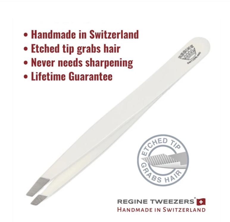 Regine Switzerland Slant Tweezer - Handmade in Switzerland - Professional Eyebrow & Facial Hair Remover - Etched Interior Grabs Hair from The Root - Perfectly Aligned Tips - Stainless Steel All Colours Available e